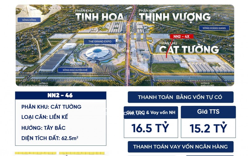 Liền kề PK Cát Tường NN2-46 giá TTS 15,2 tỉ, hướng Tây Bắc 63m2,